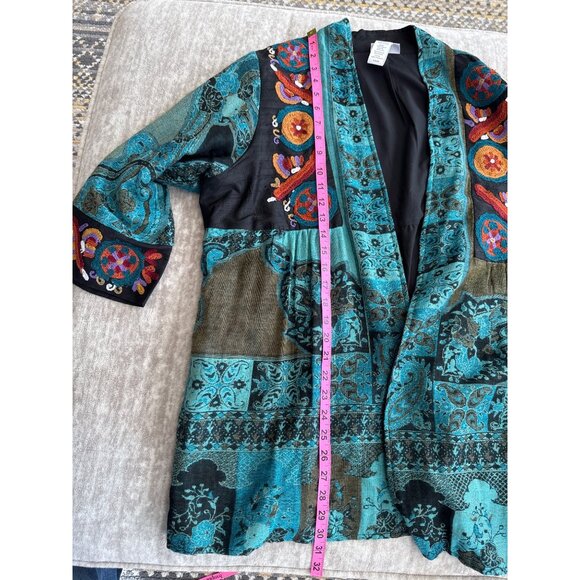 Soft Surroundings 1X Turquoise Jacquard Embroidered Open Front Kimono Jacket - Picture 9 of 10